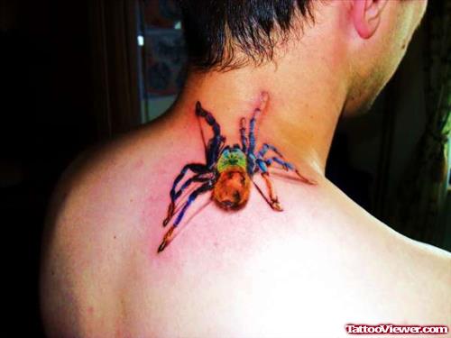 Attractive Colored Spider Neck Tattoo