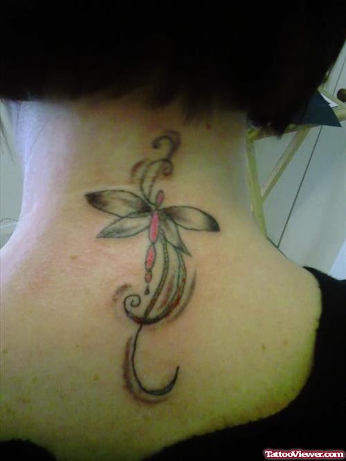 Grey Ink Dragonfly Neck Tattoo