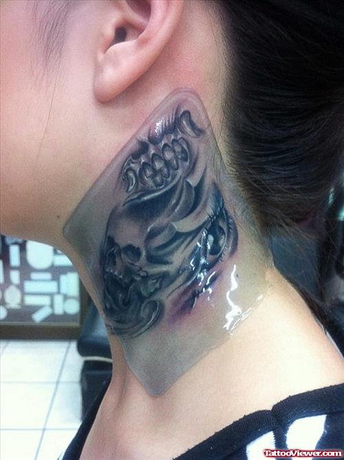 Grey Ink Biomechanical Neck Tattoo For Girls