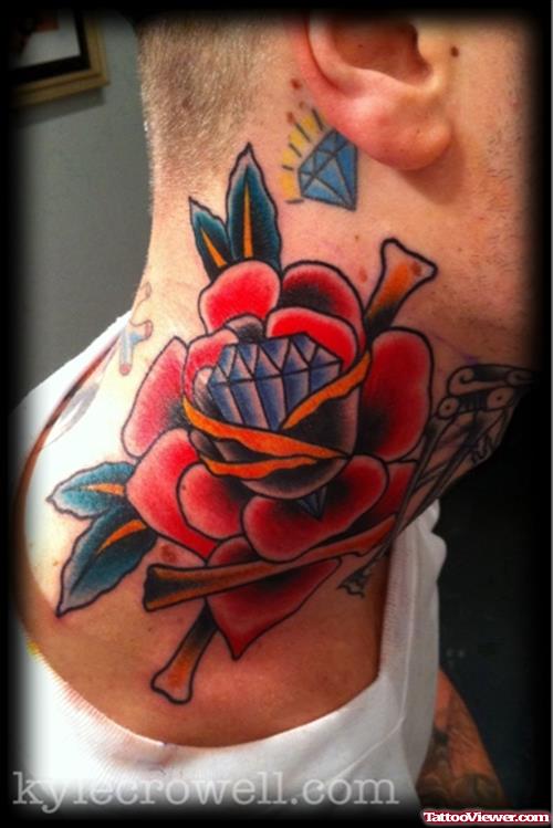 Diamond And Red Rose Neck Tattoo