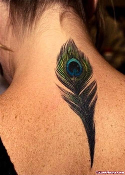 Colored Peacock Feather Neck Tattoo