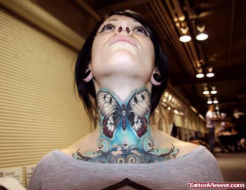Colored Ink Moth Neck Tattoo