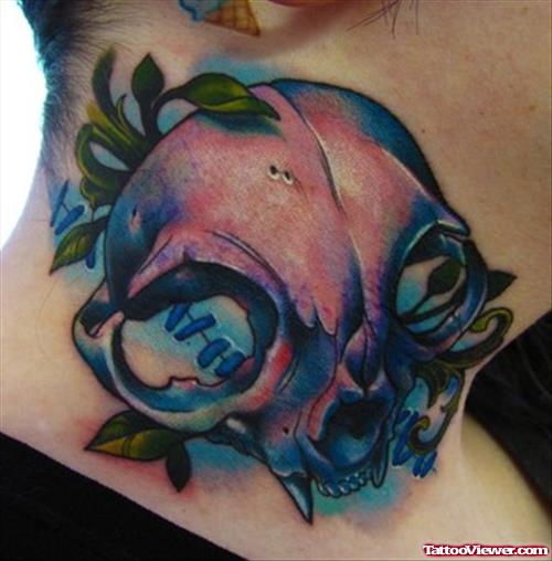 Colored Cat Skull Neck Tattoo