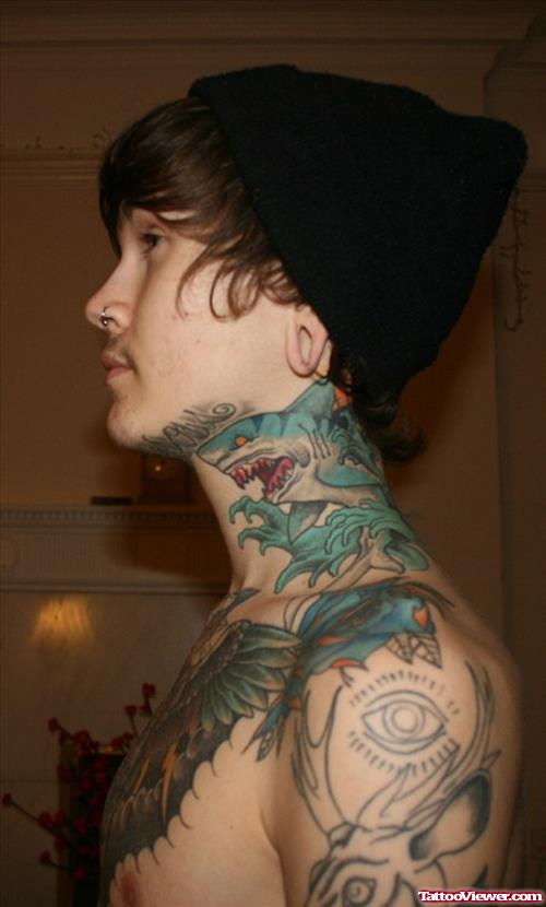 Color Ink Shark Neck Tattoo