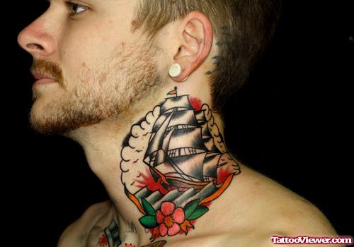 Color Flower And Ship Neck Tattoo