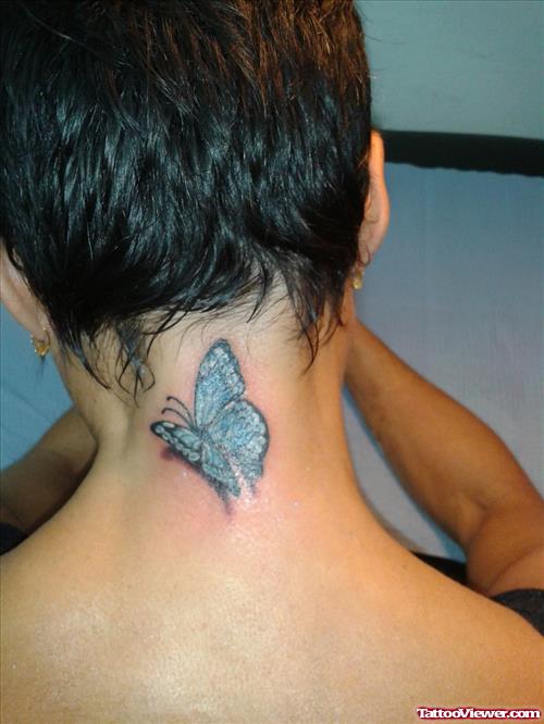 Blue Butterfly Neck Tattoo