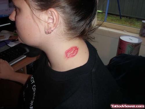 Beautiful Lip Print Side Neck Tattoo