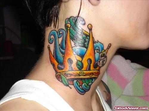 Color Ink Bird and Crown Neck Tattoo