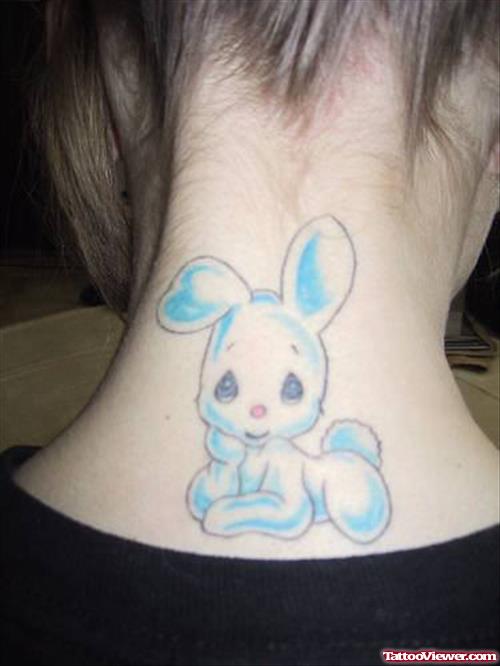 Blue Ink Bunny Back Neck Tattoo