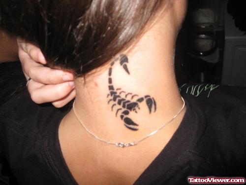 Black Ink Scorpio Neck Tattoo
