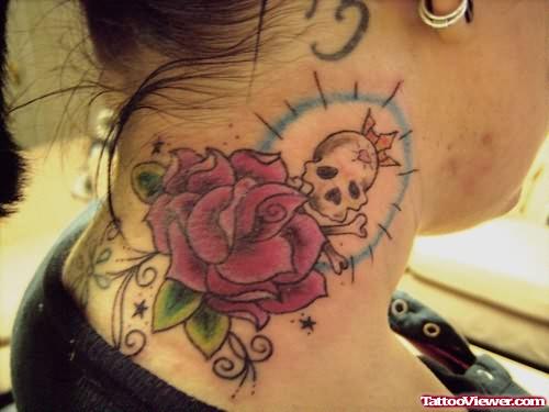 Rose And Skull Tattoo On Neck