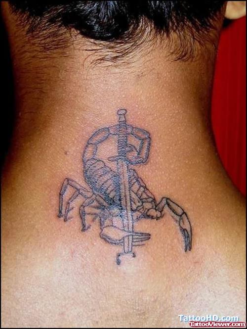 Scorpio And Sword Tattoo On Neck