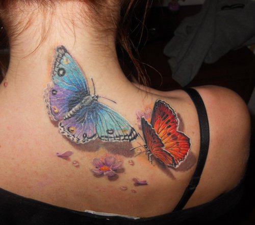 Colored Butterflies Back Neck Tattoo