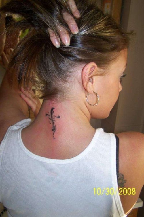 Amazing Cross Back Neck Tattoo