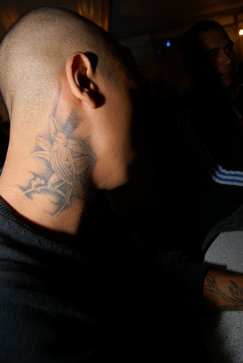 Grey Ink Bird Side Neck Tattoo