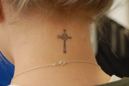 Awesome Grey Ink Cross Back Neck Tattoo