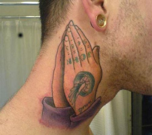 Colored Praying Hands Side Neck Tattoo