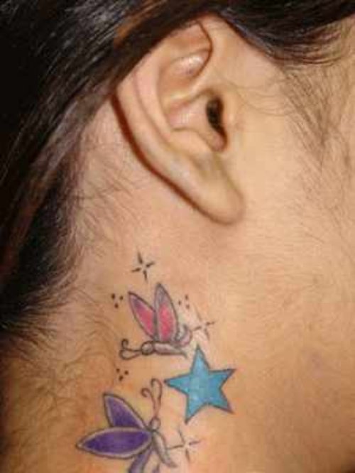 Blue Stars and Colored Butterflies Neck Tattoo