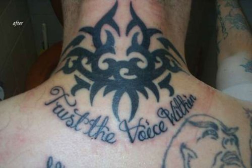 Black Ink Tribal And Trust The Voice Neck Tattoo