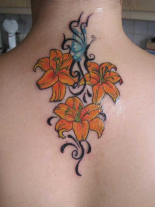 Tribal And Flowers Back Neck Tattoo