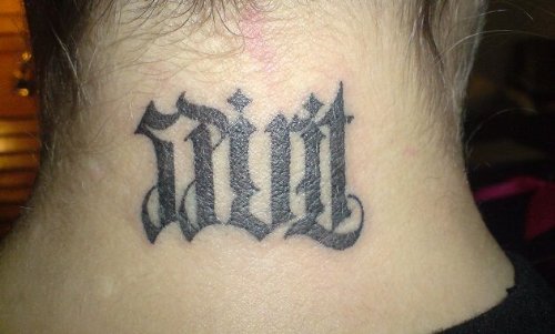 Black Ink Ambigram Back Neck Tattoo