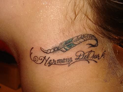 Feather And Lettering Neck Tattoo