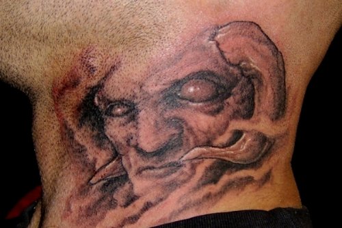 Grey Ink demon Neck Tattoo
