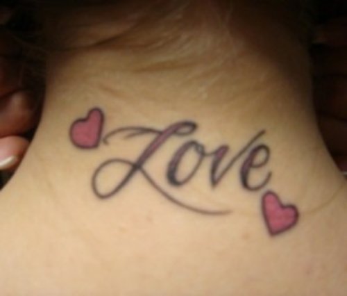 Tiny Red Hearts And Love Back Neck Tattoo