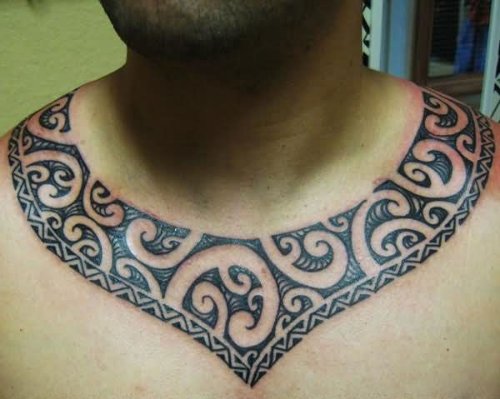 Polynesian Grey Ink Necklace Tattoo
