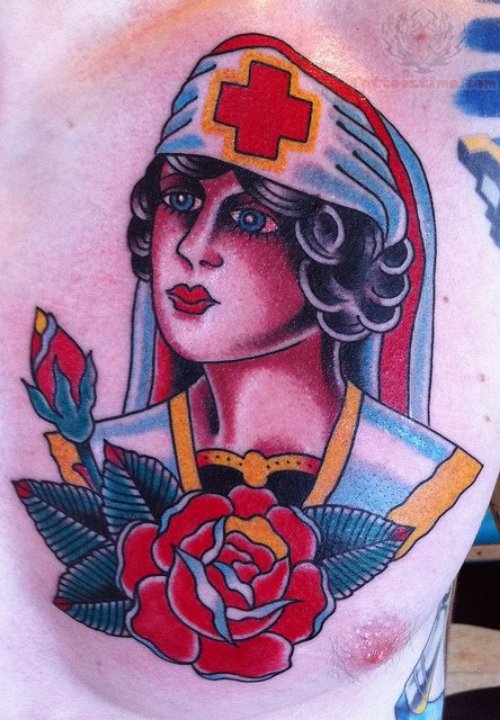 Red Rose And Nurse Tattoo On Chest
