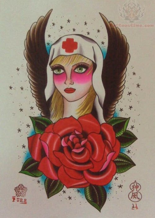Nurse And Rose Tattoo Design