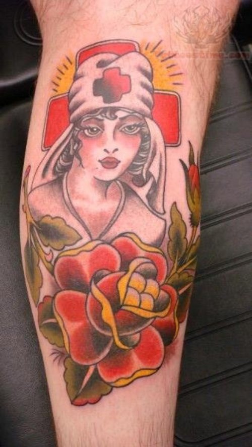 Flower And Nurse Tattoo On Leg