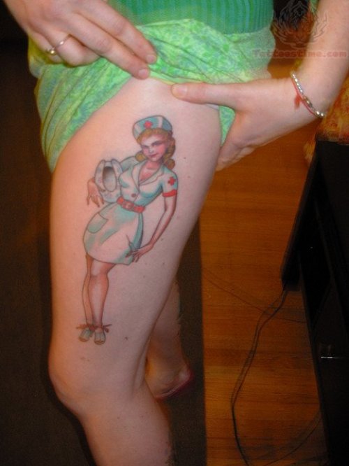 Naughty Nurse Tattoo On Thigh