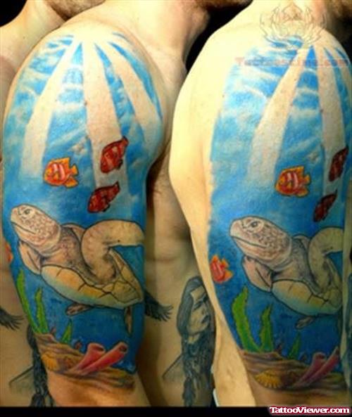 Tutle In Ocean Shoulder Tattoo