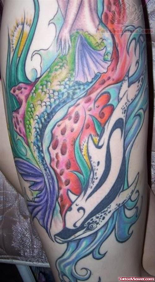 Color Dolphin And Ocean Tattoo