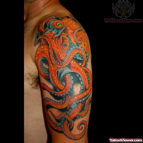 Octopus Orange Ink Tattoo On Shoulder
