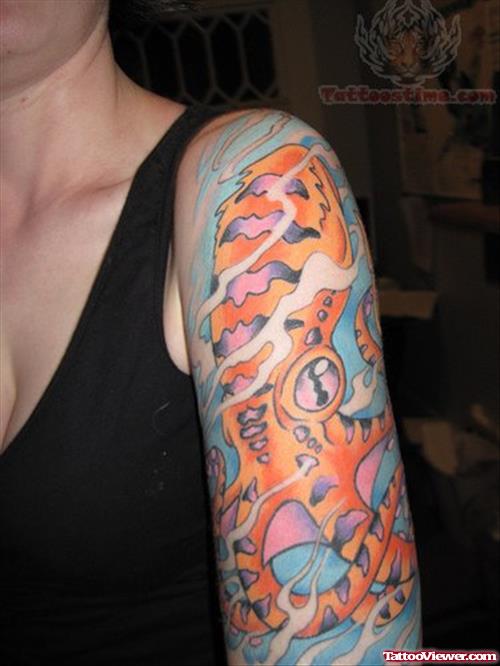 Colored Octopus Tattoo On Half Sleeve
