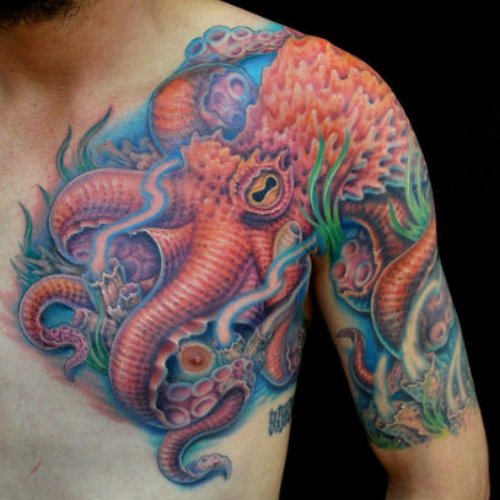 Left Shoulder Pink Octopus Tattoo For Men