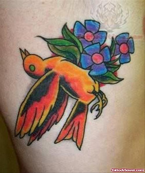 Old School Bird And Flower Tattoo