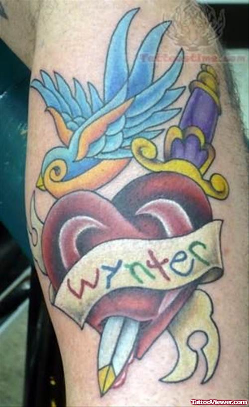 Heart Bird Dagger Tattoo