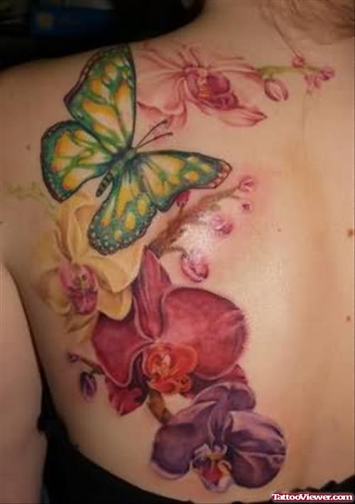 Orchid And Butterfly Tattoo On Back
