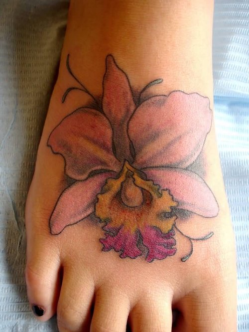 Beautiful Girl Right Foot Orchid Flower Tattoo