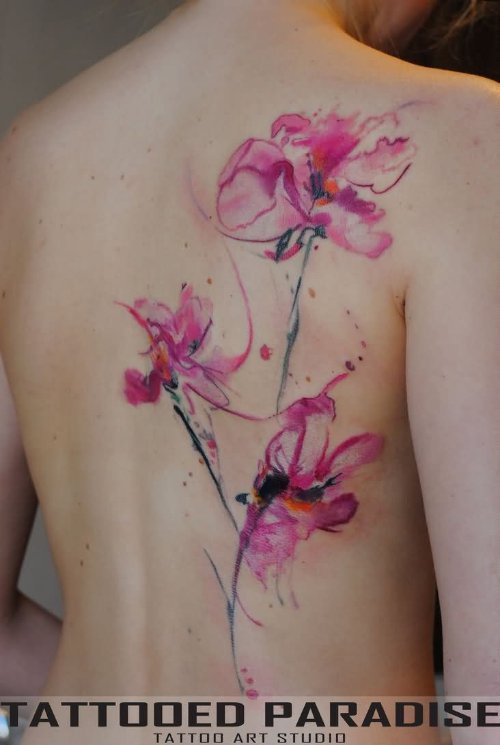 Girl Back Body Orchid Flowers Tattoo