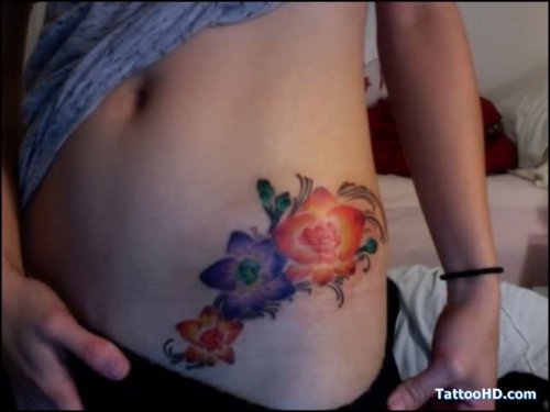 Left Hip colored Orchid Tattoo