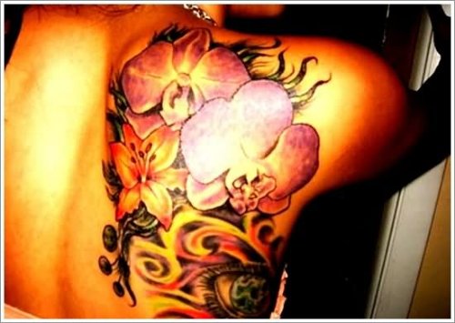 Right Back Shoulder Orchid Tattoo For Men