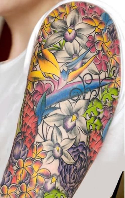 Left Half Sleeve Colored Orchid Tattoos