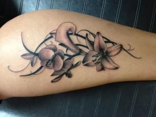 Grey Flowers And Orchid Tattoo On Leg