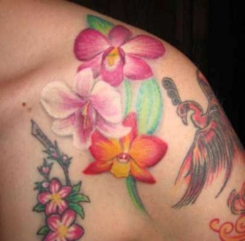 Left Shoulder Color Orchid Tattoo