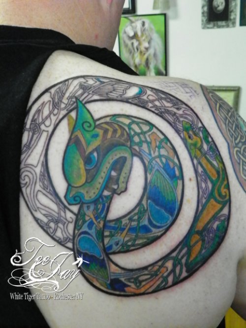 Colored Celtic Ouroboros Tattoo On Back Shoulder