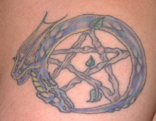 Blue Ink Dragon Ouroboros Tattoo On Shoulder
